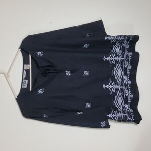 Women's Irish Linen black Trimmed in White embroidery Top